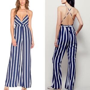 The Jetset Diaries Palace Striped Jumpsuit Navy Whote Criss Cross Back size XS